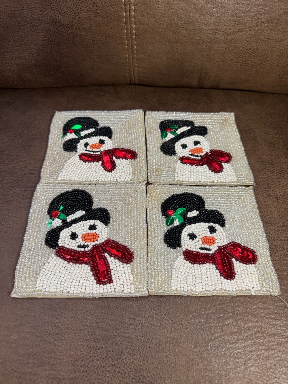 Vintage Set of 4 Beaded Snowman Christmas Coasters Handmade Holiday